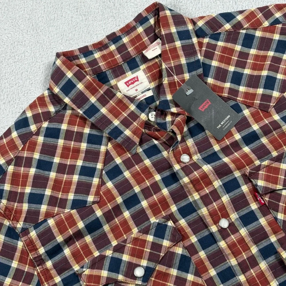 Levis Mens Western Standard Fit Plaid Shirt Burgundy Navy Pearl Snap Size Medium